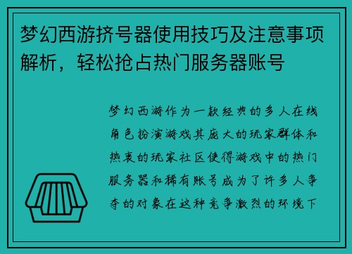 梦幻西游挤号器使用技巧及注意事项解析，轻松抢占热门服务器账号