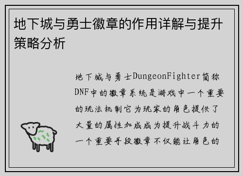 地下城与勇士徽章的作用详解与提升策略分析